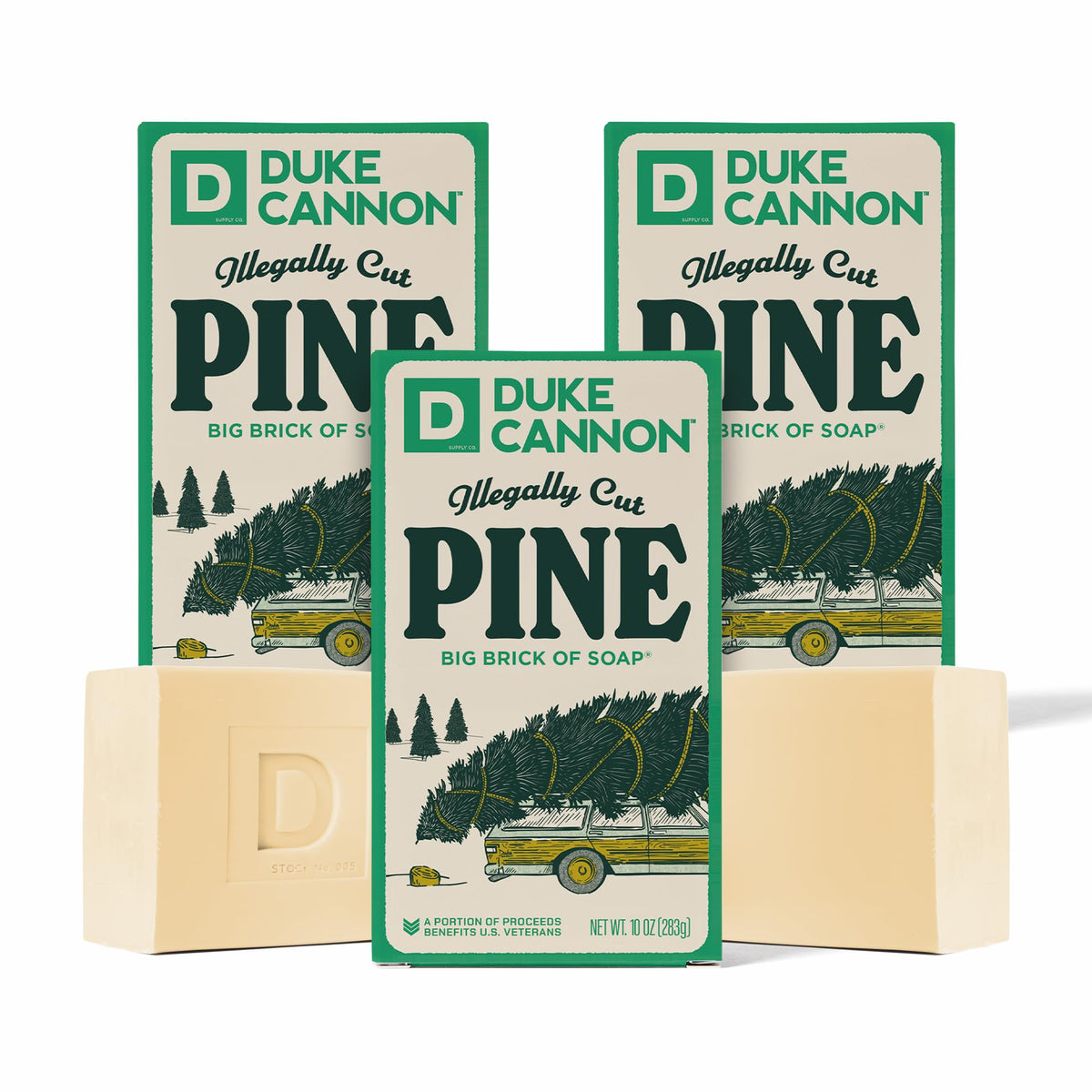 Duke Cannon front packaging showing holiday pine scent and durable gift-ready design