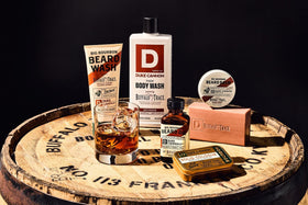 Duke Cannon lifestyle shot at campsite with scrubber, portable hygiene for outdoor use benefit