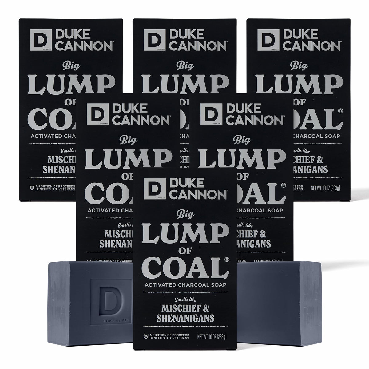Duke Cannon front packaging showing holiday lump of coal presentation and gift appeal