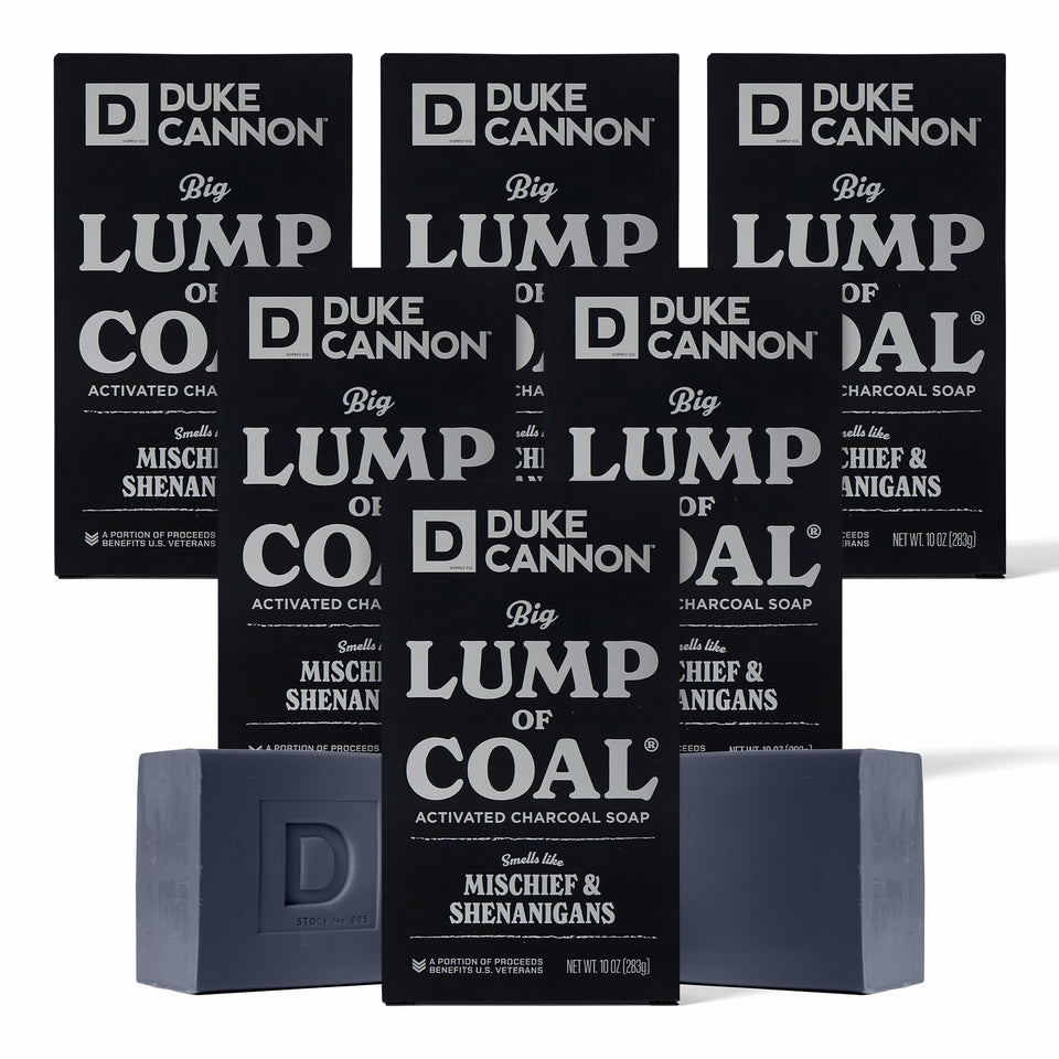 Duke Cannon front packaging showing holiday lump of coal presentation and gift appeal