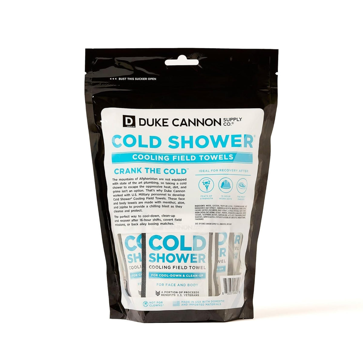 Duke Cannon menthol-infused wipe texture close-up showing cooling formula