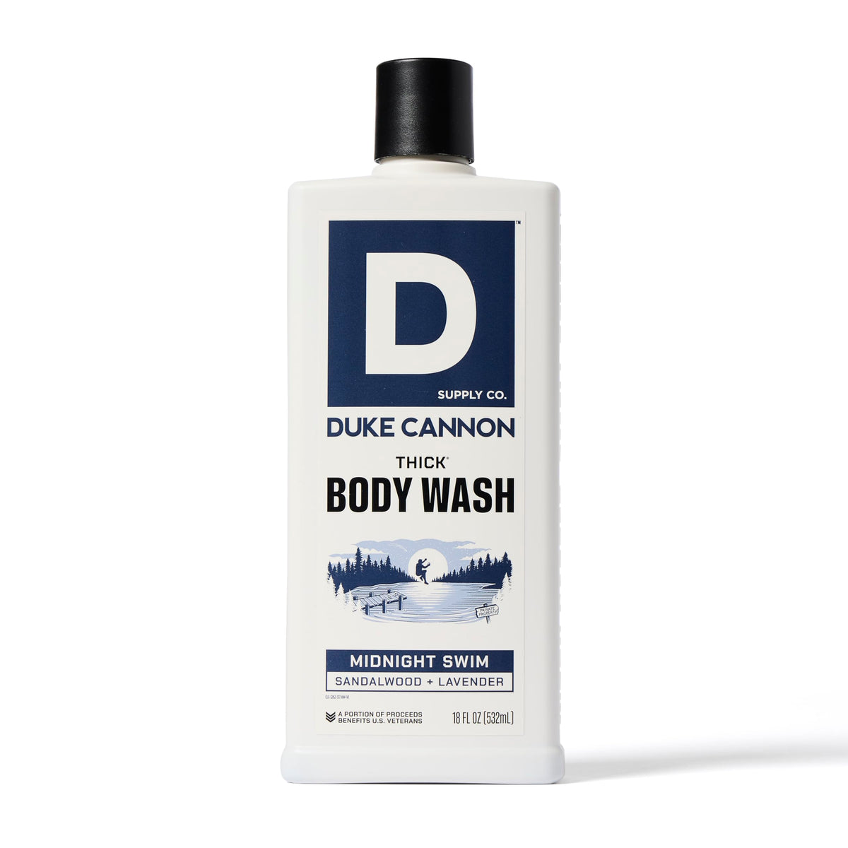 Duke Cannon Midnight Swim bottle in shower scene showing lasting, fresh fragrance