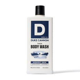 Duke Cannon Midnight Swim bottle in shower scene showing lasting, fresh fragrance