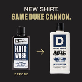 Duke Cannon bottle next to hand to show 14 oz scale and travel-friendly size
