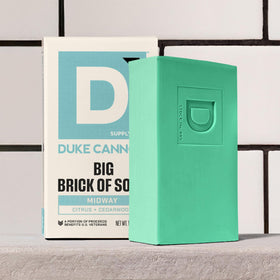 Back label of Duke Cannon Midway bar showing ingredient panel and usage guidance