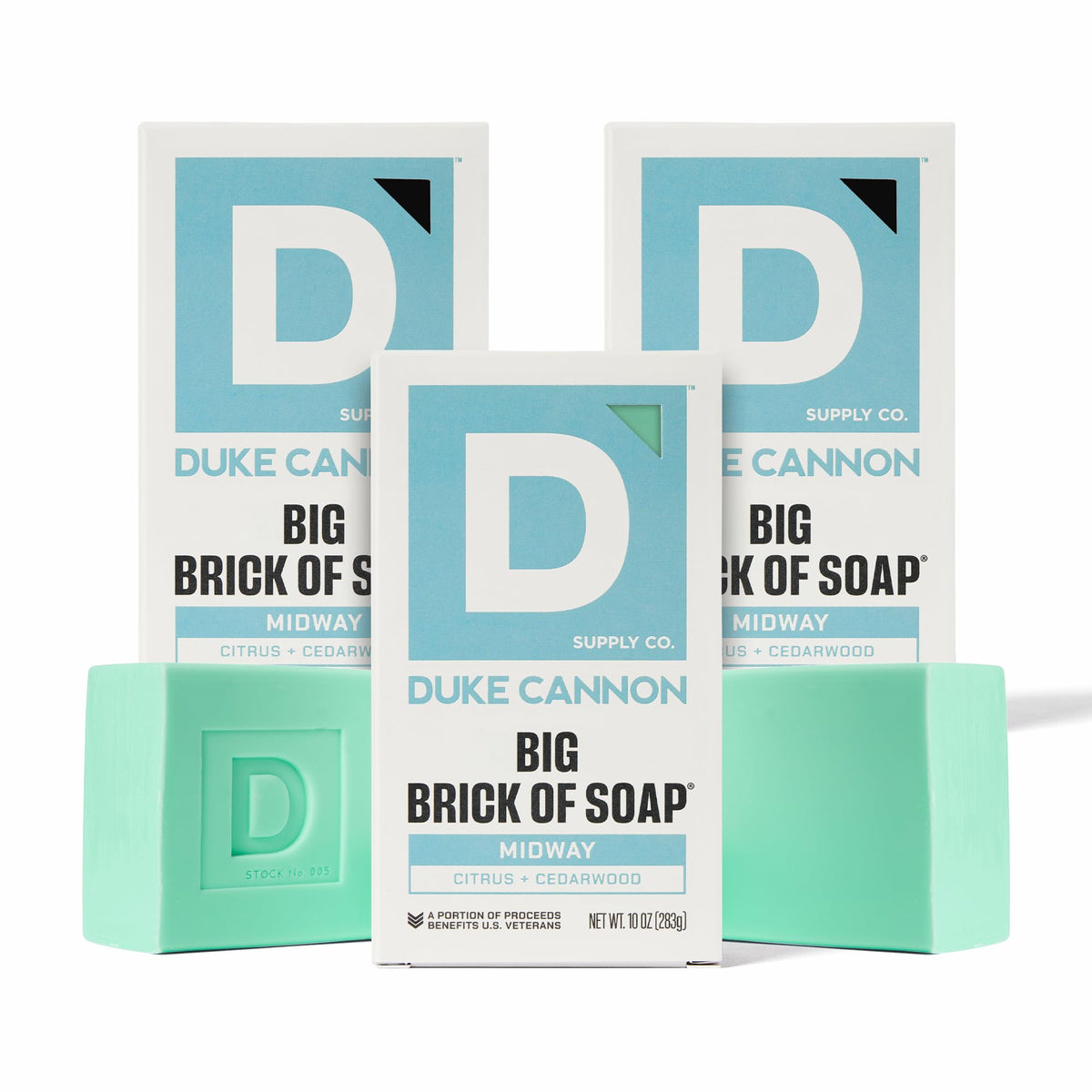 Duke Cannon Midway front packaging showing bold brand and big brick size benefits