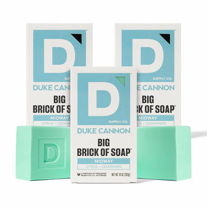 Duke Cannon Midway front packaging showing bold brand and big brick size benefits