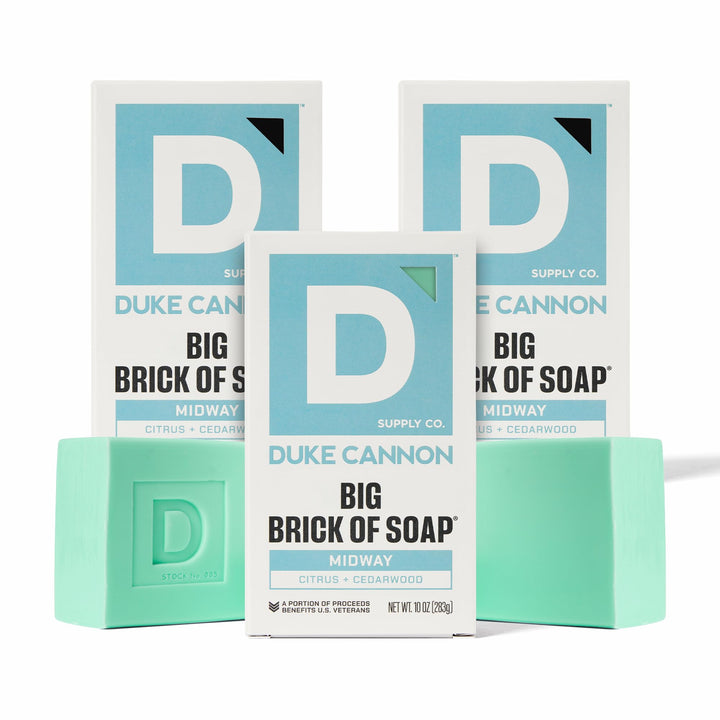 Duke Cannon Midway front packaging showing bold brand and big brick size benefits