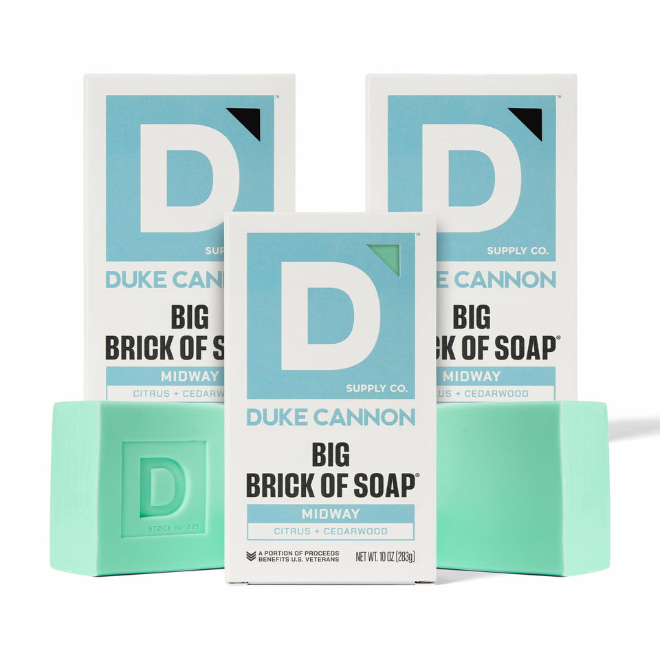 Duke Cannon Midway front packaging showing bold brand and big brick size benefits