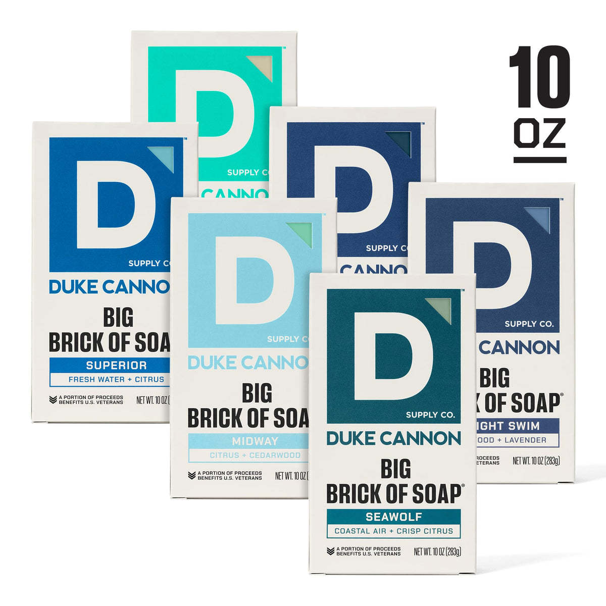 Duke Cannon Midway and Seawolf bars displayed emphasizing fresh scents