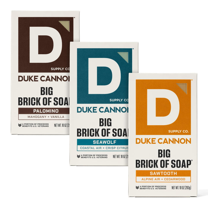 Duke Cannon front view of the three-bar variety pack showing size and branding benefit long-lasting supply
