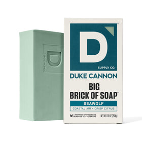 Duke Cannon packaging label close-up showing scent names and benefit of clear ingredient overview