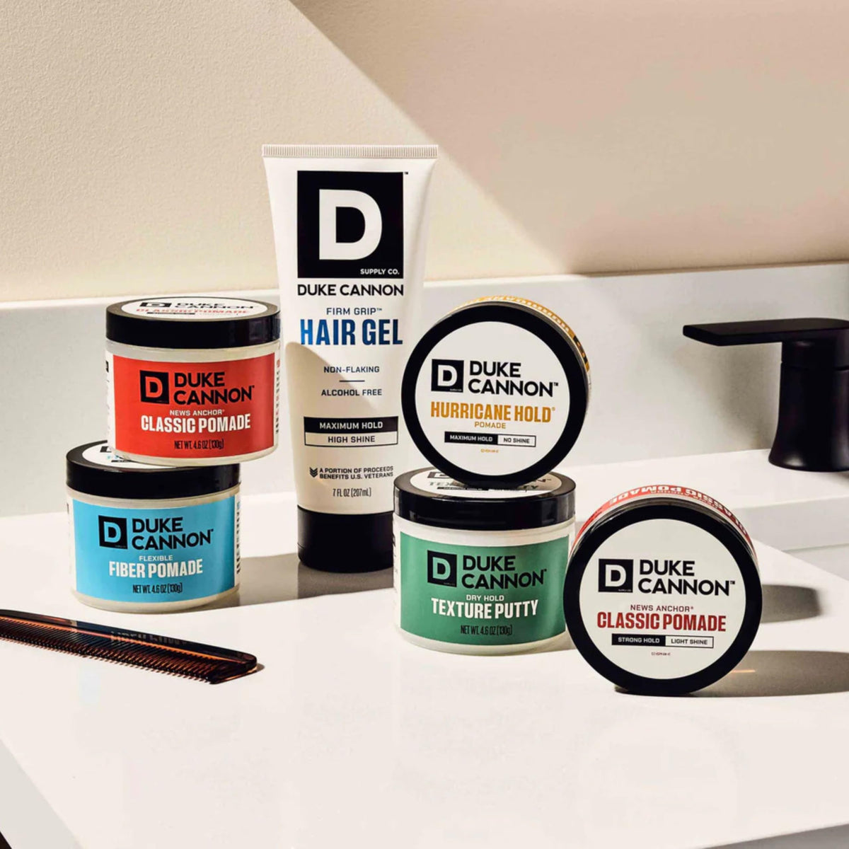 Duke Cannon pomade on bathroom shelf suggesting grooming routine