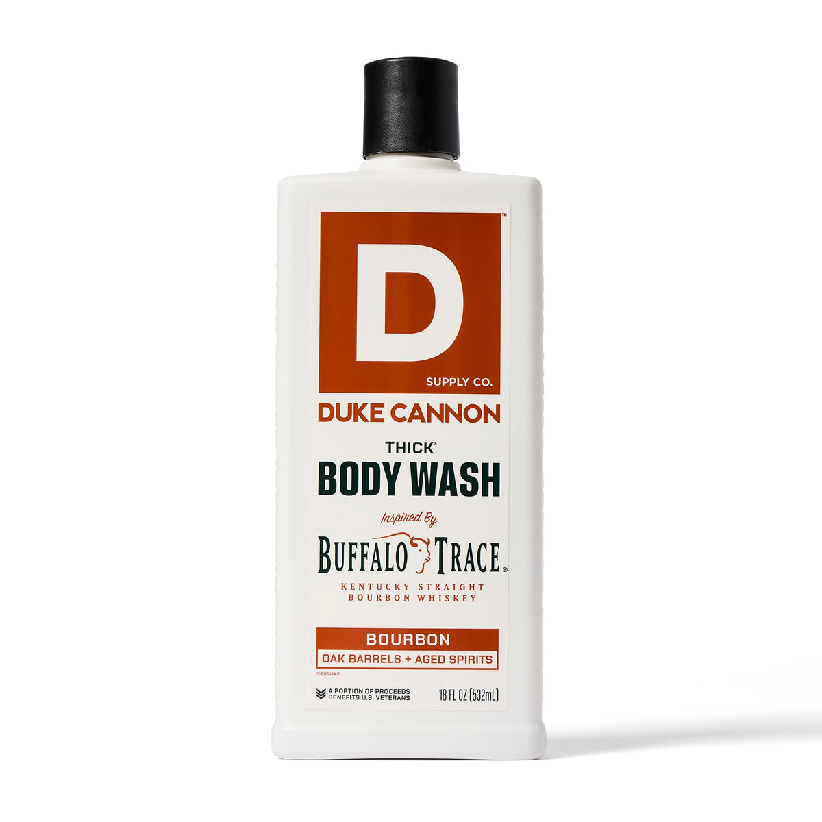 Duke Cannon close-up pump showing thick body wash texture and concentrated dispensing benefit