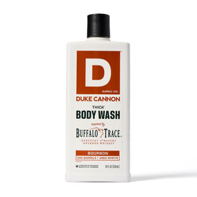 Duke Cannon close-up pump showing thick body wash texture and concentrated dispensing benefit