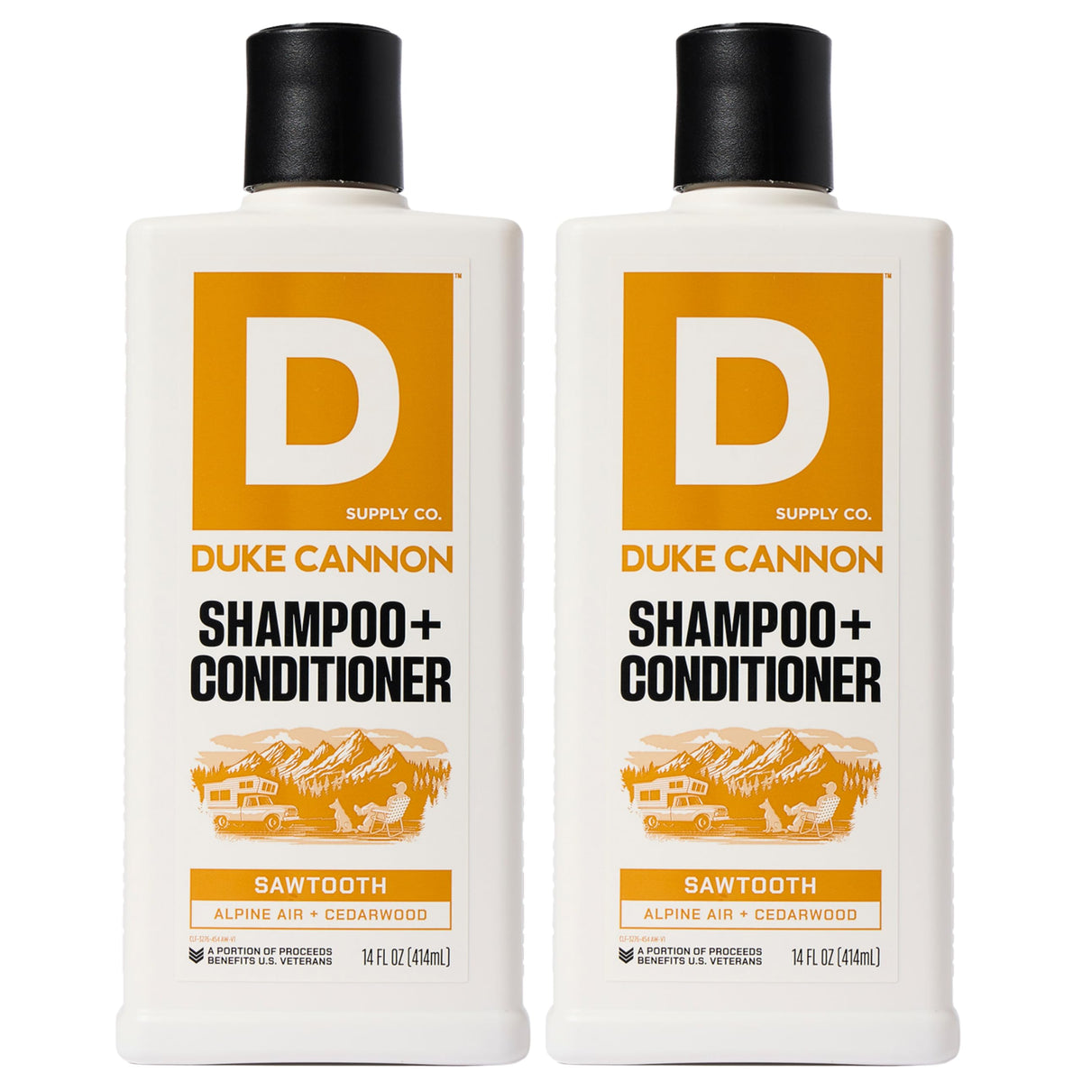 Duke Cannon front packaging showing Sawtooth 2‑in‑1 benefits and size