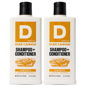 Duke Cannon front packaging showing Sawtooth 2‑in‑1 benefits and size