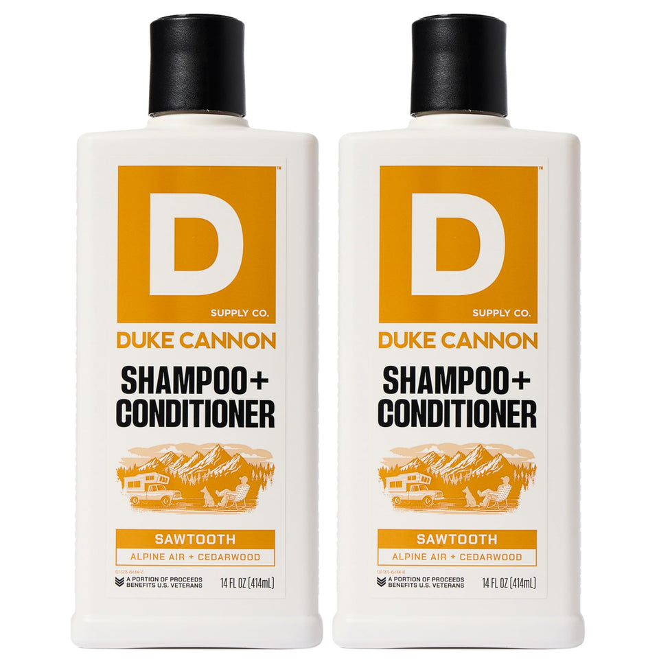 Duke Cannon front packaging showing Sawtooth 2‑in‑1 benefits and size