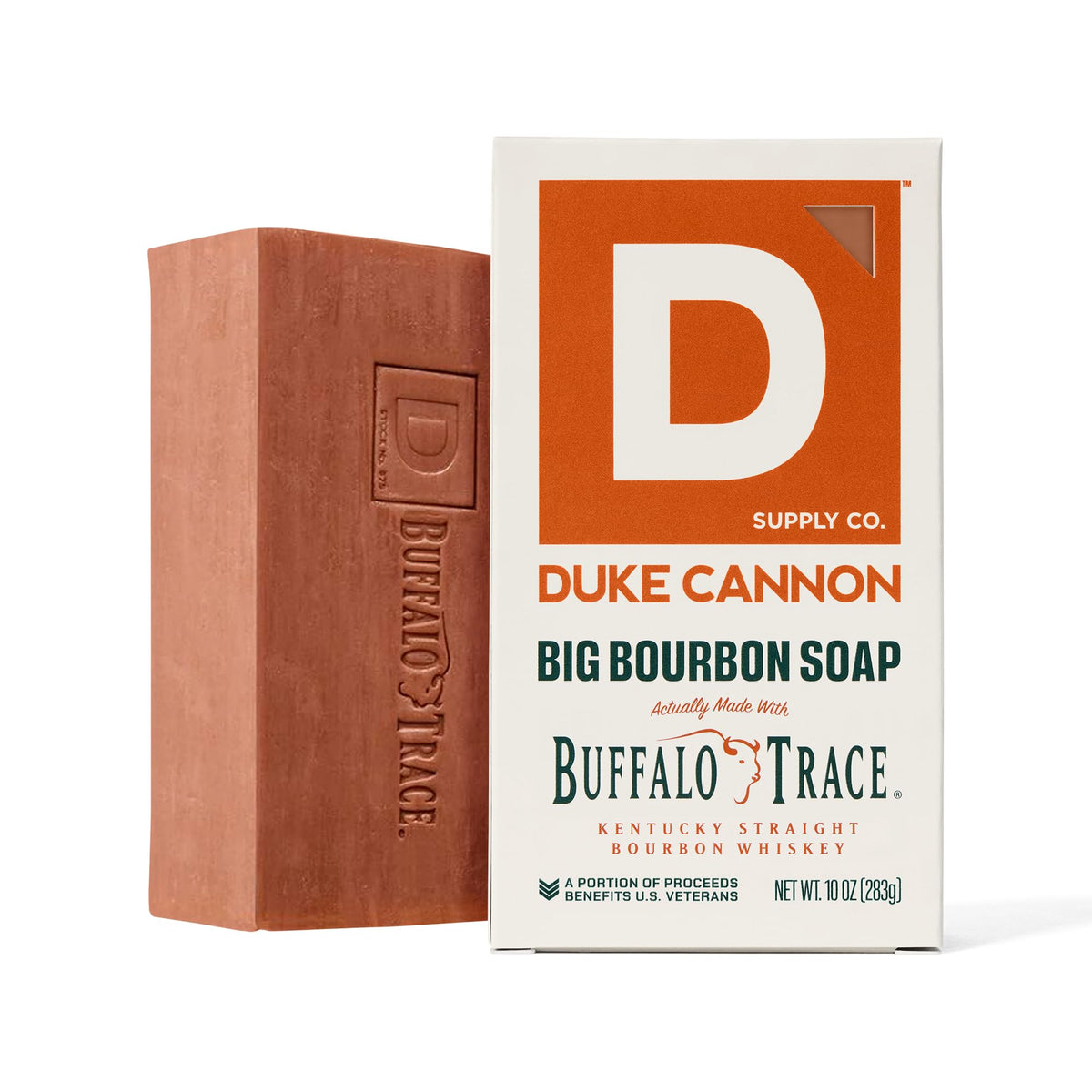 Duke Cannon hand holding bar for scale showing 10 oz size and extended use benefit