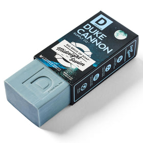 Duke Cannon single 10 oz bar removed from box highlighting sturdy size and value