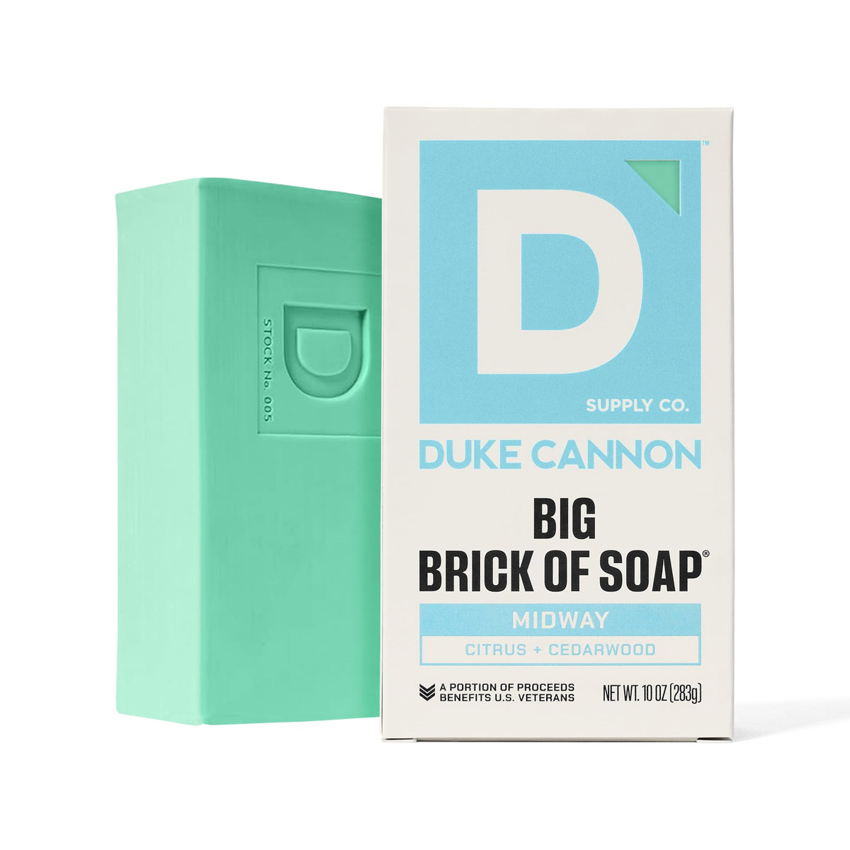 Duke Cannon six bars on bathroom shelf suggesting daily rotation convenience