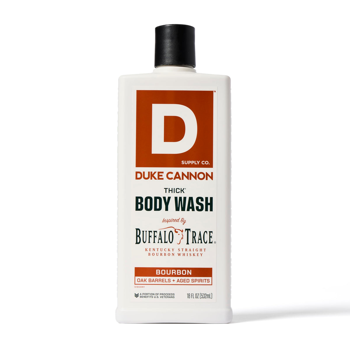 Duke Cannon bottle held in hand for scale showing generous 18oz supply