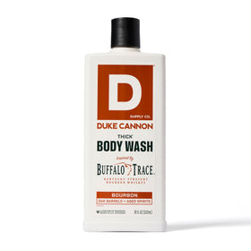 Duke Cannon bottle held in hand for scale showing generous 18oz supply