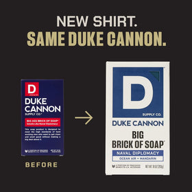 Duke Cannon close-up of the 10 oz Naval Diplomacy soap brick highlighting solid durable texture