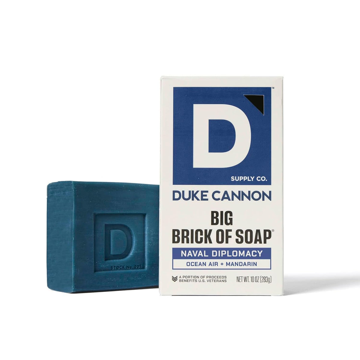 Duke Cannon Tactical soap on a rope pouch hung by a shower hook for convenient access