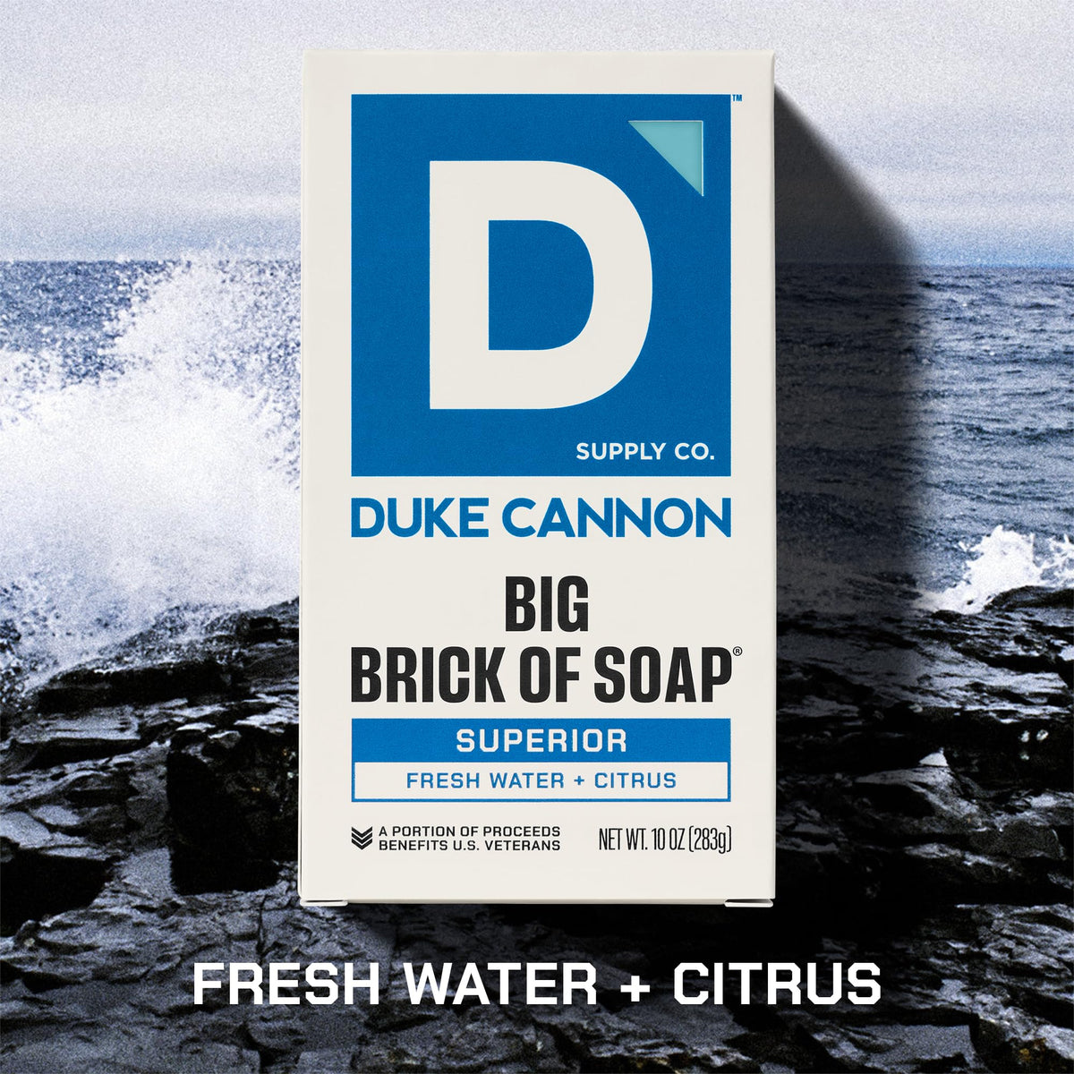 Duke Cannon Superior bar label detail emphasizing scent notes and premium triple-milled finish