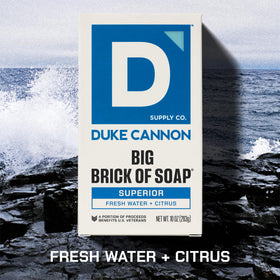 Duke Cannon Superior bar label detail emphasizing scent notes and premium triple-milled finish