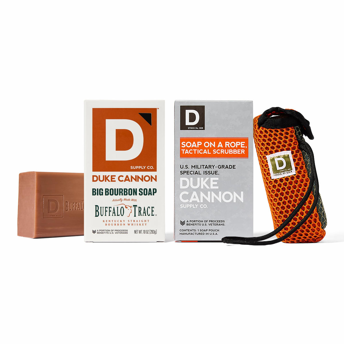 Duke Cannon front packaging showing tactical scrubber and oak barrel soap, durable design benefit