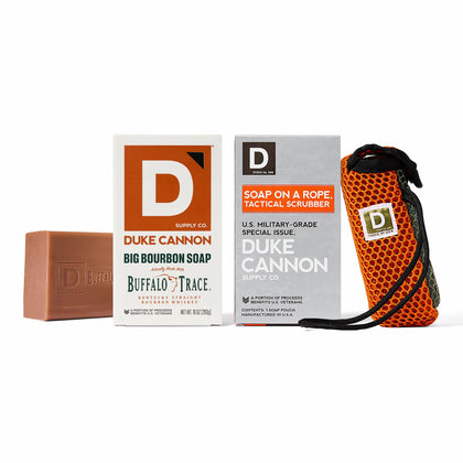 Duke Cannon front packaging showing tactical scrubber and oak barrel soap, durable design benefit