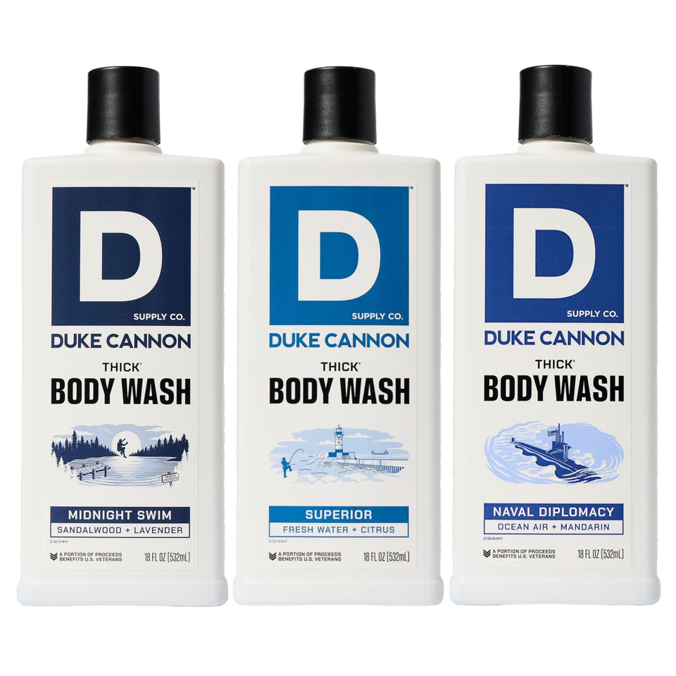 Duke Cannon front packaging showing three thick body wash bottles for value