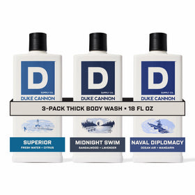 Duke Cannon body wash in shower scene illustrating effective cleaning