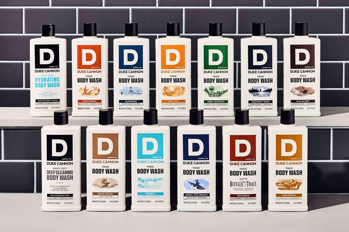 Duke Cannon bottles next to ruler demonstrating 17.5 fl oz scale