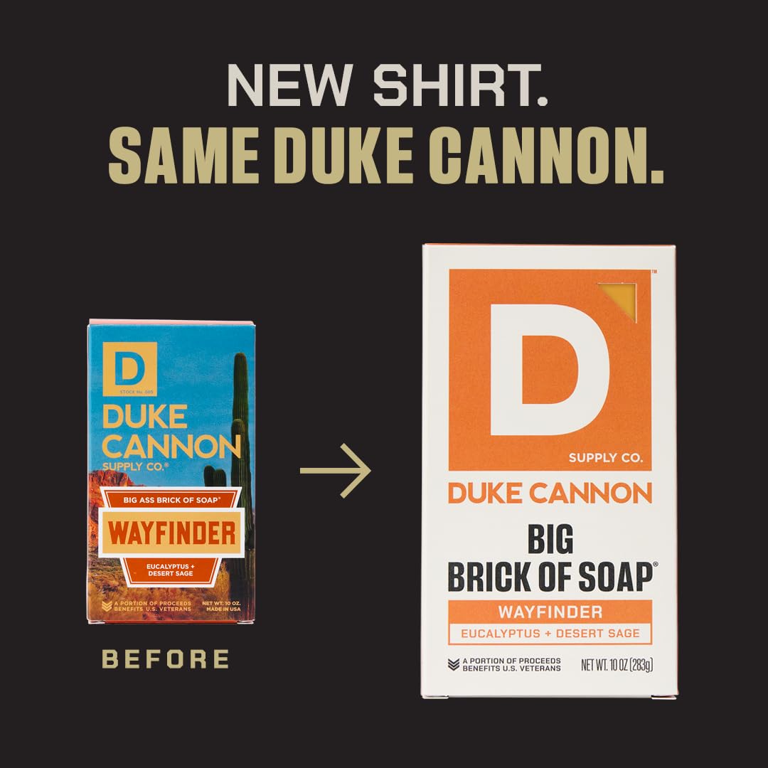 Duke Cannon tobacco and cedarwood labels together conveying warm, lasting fragrance benefit.