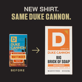 Duke Cannon tobacco and cedarwood labels together conveying warm, lasting fragrance benefit.