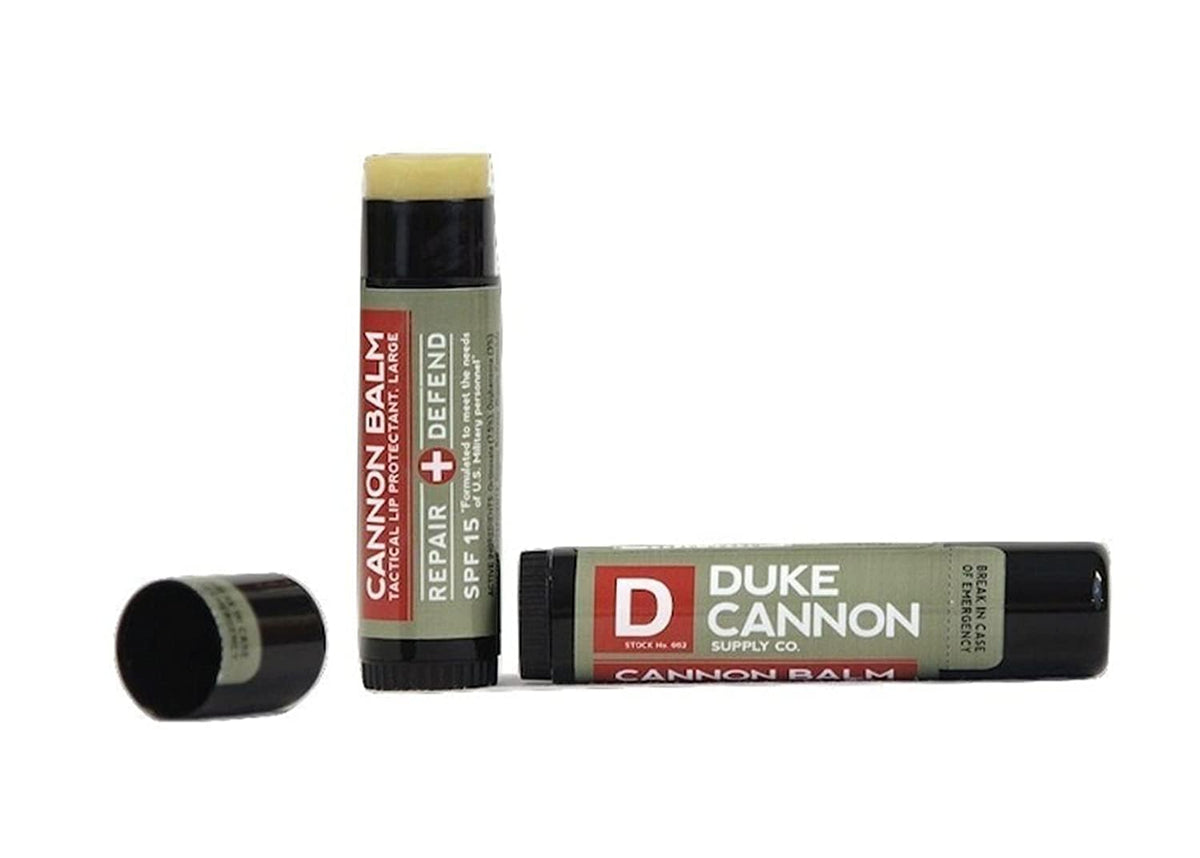 Duke Cannon tube close-up texture highlighting smooth balm and long-lasting protection