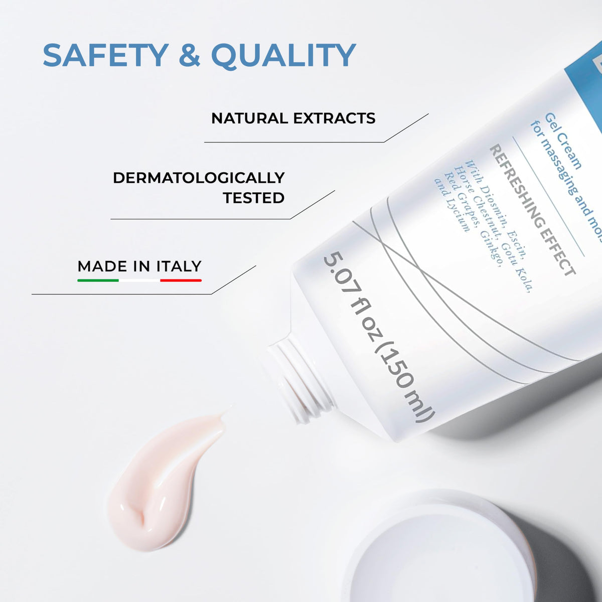 DULÀC gel-cream applied to lower leg demonstrating cooling sensation benefit