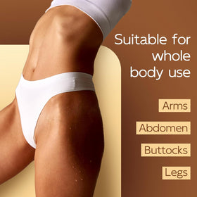 Dumie applied to damp thigh after shower, shows smooth non-greasy result