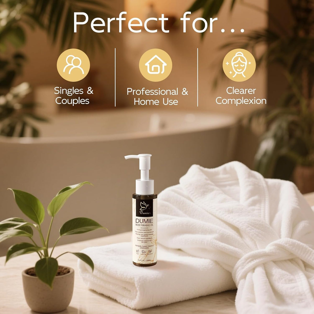 Dumie bottle on bathroom shelf with towel, suggests daily post-shower routine