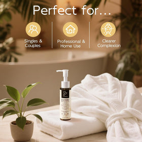 Dumie bottle on bathroom shelf with towel, suggests daily post-shower routine