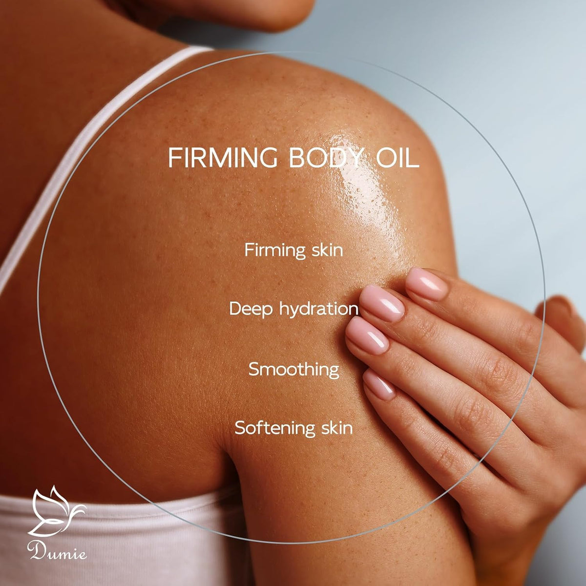Dumie pouring oil texture on hand, demonstrates quick absorption benefit
