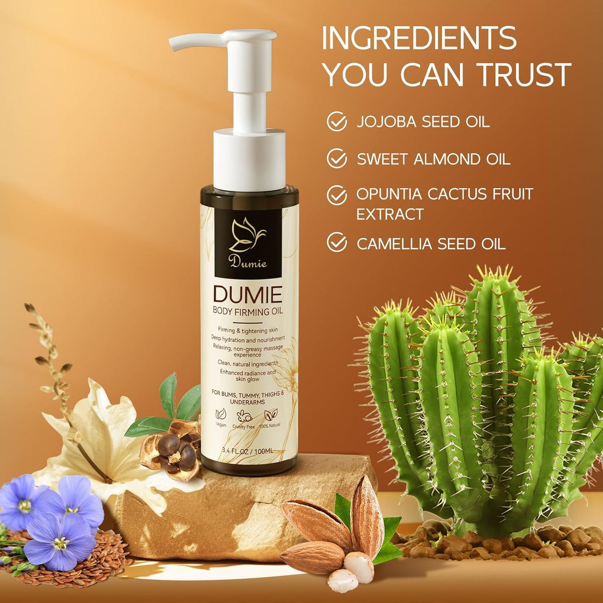 Dumie bottle next to ruler and hand for scale, clarifies 3.38 fl oz size