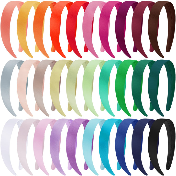 Duufin front view of 30 satin headbands showing colorful assortment and convenience