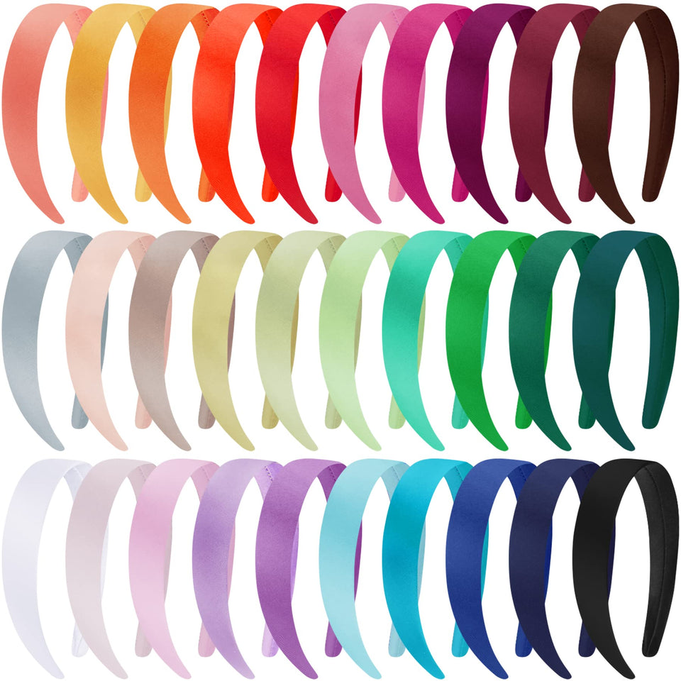 Duufin front view of 30 satin headbands showing colorful assortment and convenience