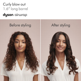 Dyson Airwrap in use styling long hair to loose curls, demonstrating volume and gentle waves benefit