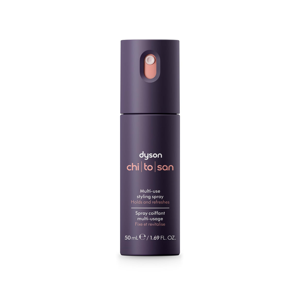Dyson Chitosan front packaging showing compact travel bottle and branding