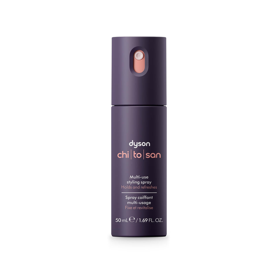 Dyson Chitosan front packaging showing compact travel bottle and branding